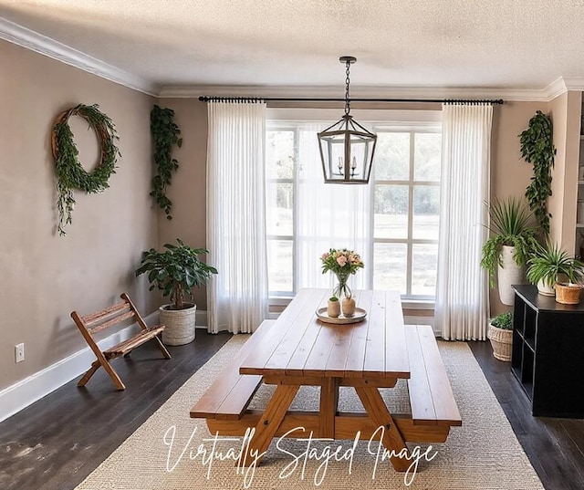 dining area featuring crown molding, dark hardwood / wood-style flooring, an inviting chandelier, and a textured ceiling