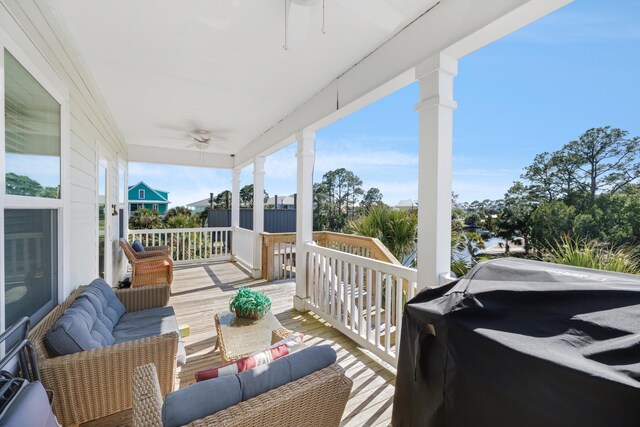 1548 Shell Point Rd, Crawfordville, FL 32327 - wooden terrace with a ceiling fan and area for grilling