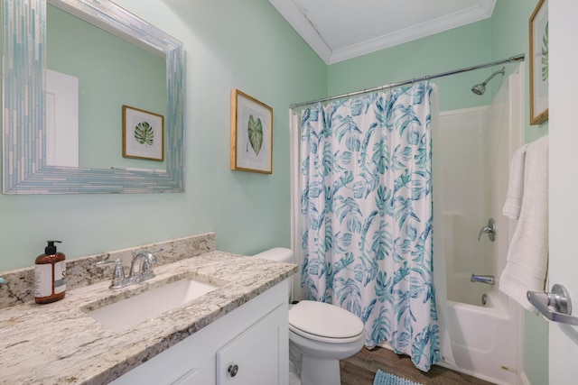 1548 Shell Point Rd, Crawfordville, FL 32327 - bathroom featuring ornamental molding, toilet, vanity, shower / bath combo, and wood finished floors