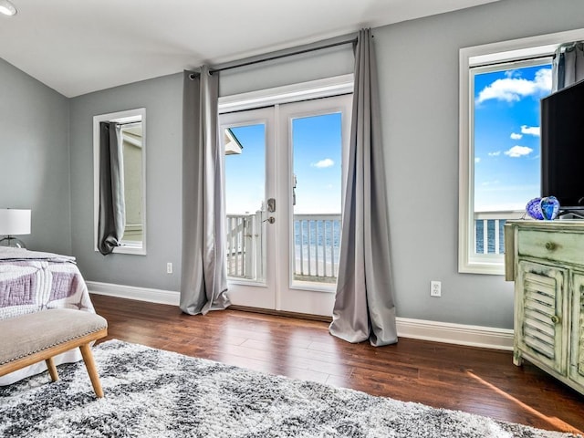 bedroom featuring access to outside, french doors, dark hardwood / wood-style flooring, and multiple windows