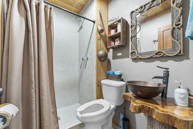 bathroom with toilet, curtained shower, and sink