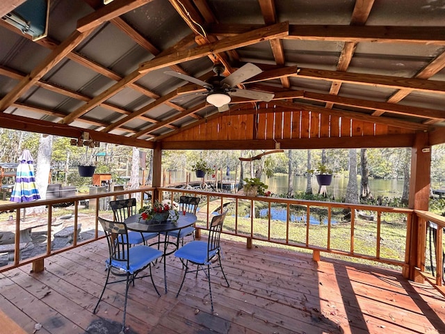 deck with a gazebo and ceiling fan