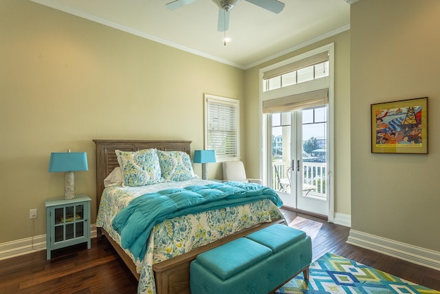 bedroom with dark hardwood / wood-style floors, ornamental molding, access to exterior, ceiling fan, and french doors