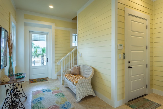 interior space featuring wooden walls