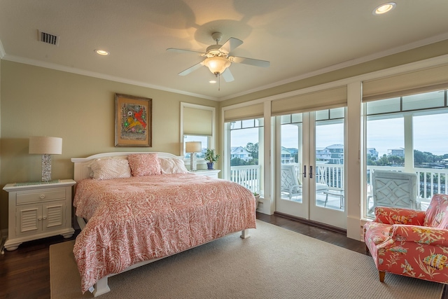 bedroom with crown molding, ceiling fan, access to exterior, dark hardwood / wood-style flooring, and french doors