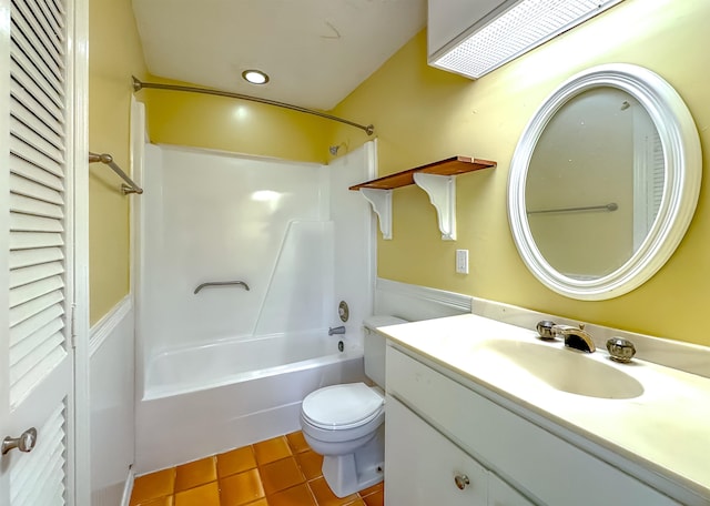 full bathroom with tile patterned floors, vanity,  shower combination, and toilet