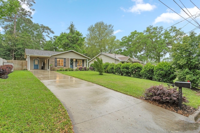 view of front of house featuring driveway, fence, a front lawn, and an attached carport