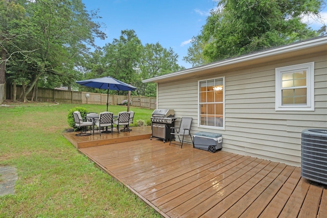 wooden terrace with a grill, central AC, a fenced backyard, and a lawn
