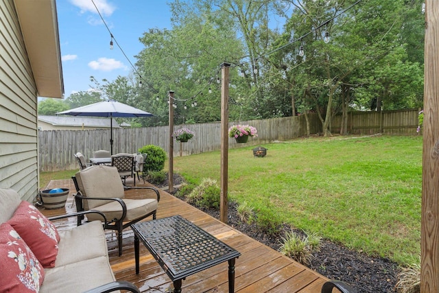 view of yard featuring a fenced backyard and a deck