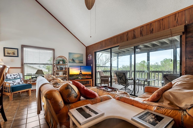 living room with light tile patterned flooring, a wealth of natural light, and wood walls