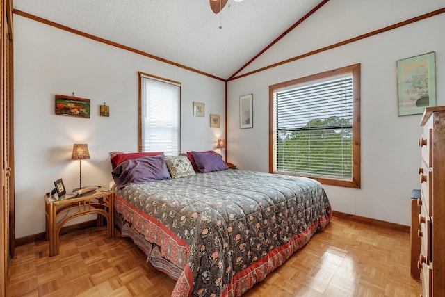 bedroom featuring crown molding, lofted ceiling, a textured ceiling, and light parquet floors