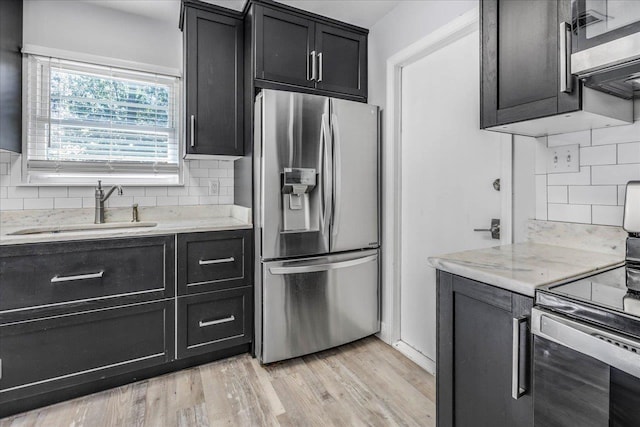 kitchen featuring dark cabinets, stainless steel appliances, a sink, light wood-style floors, and tasteful backsplash