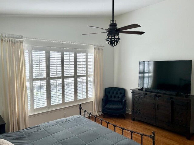 bedroom with wood finished floors and a ceiling fan