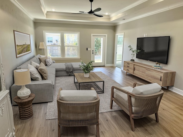 living room featuring a raised ceiling, ceiling fan, ornamental molding, and light wood-type flooring