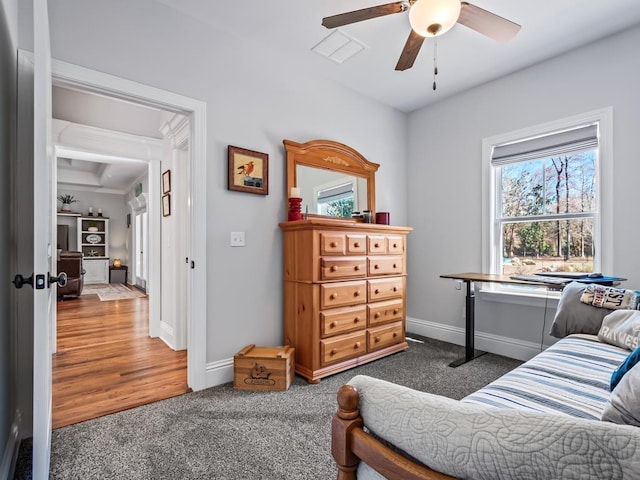 carpeted bedroom with ceiling fan