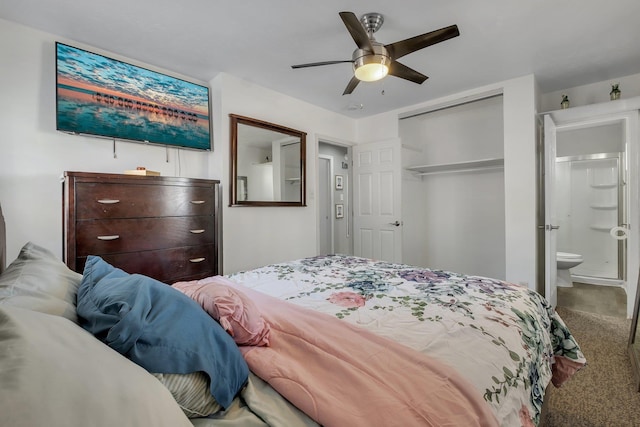 carpeted bedroom with a ceiling fan, a closet, and connected bathroom