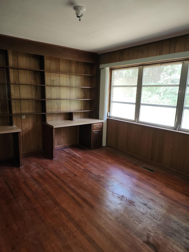 512 Hampton Ave, Tallahassee, FL 32310 - unfurnished office with wooden walls, dark wood finished floors, visible vents, and built in study area