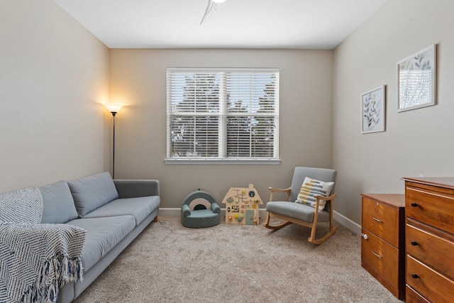 sitting room with light colored carpet