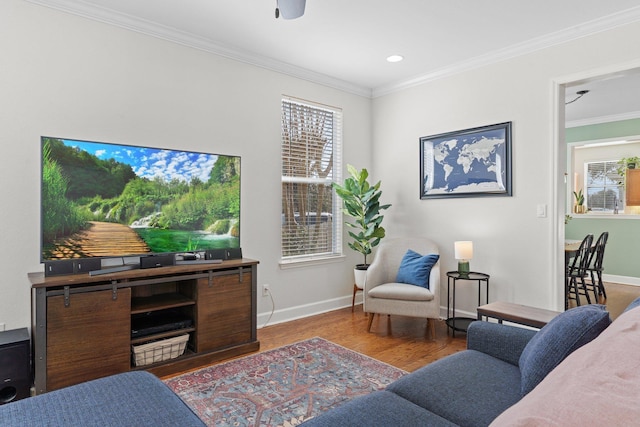 living room featuring crown molding and wood-type flooring