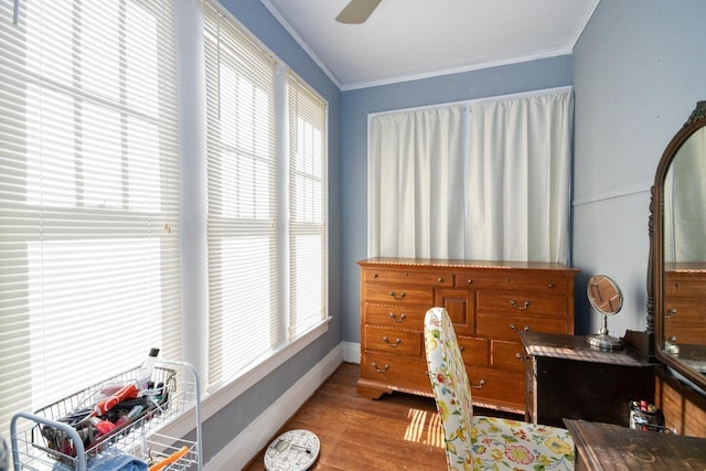 living area with plenty of natural light, ceiling fan, light wood-type flooring, and ornamental molding