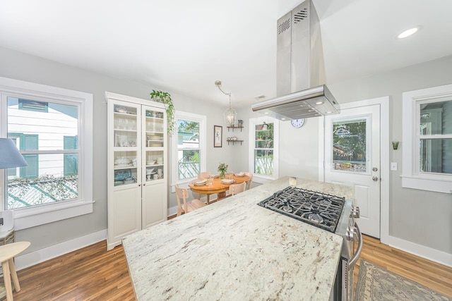 kitchen with a wealth of natural light, stainless steel range with gas stovetop, wood finished floors, and exhaust hood