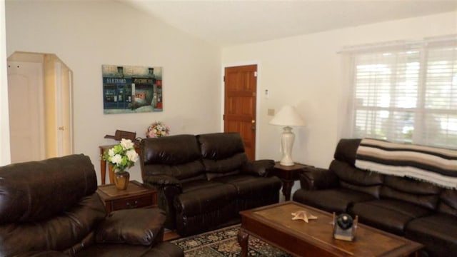 living room with lofted ceiling