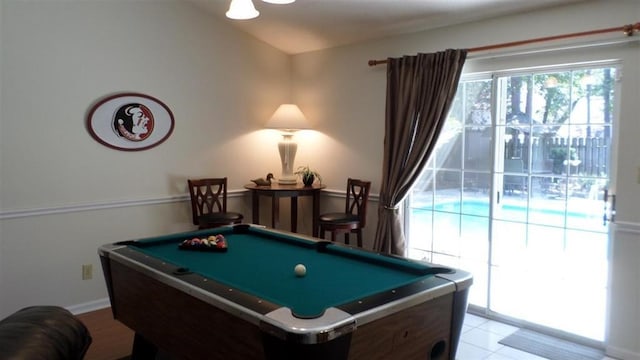 game room with billiards and vaulted ceiling