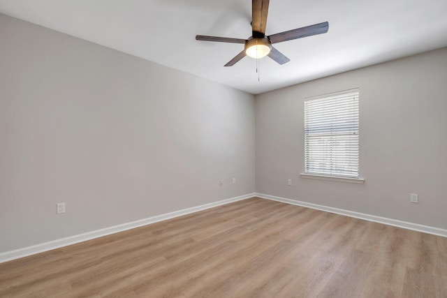 empty room with light wood finished floors, ceiling fan, and baseboards
