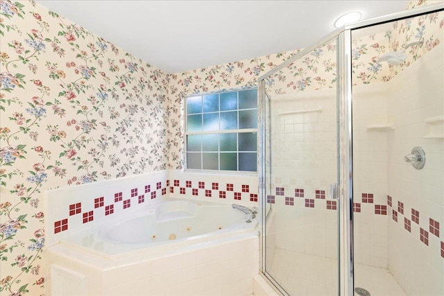 2942 Tewkesbury Trce, Tallahassee, FL 32309 - bathroom featuring wallpapered walls, a shower stall, and a jetted tub