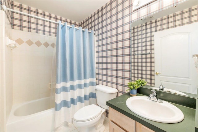 2942 Tewkesbury Trce, Tallahassee, FL 32309 - full bath featuring toilet, shower / bath combination with curtain, vanity, and wallpapered walls