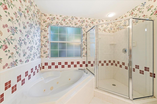 2942 Tewkesbury Trce, Tallahassee, FL 32309 - bathroom with wallpapered walls, a jetted tub, and a stall shower