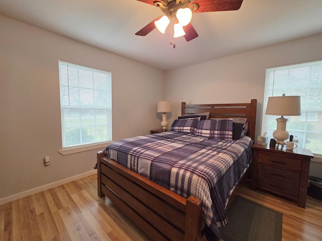 bedroom with ceiling fan and light wood-type flooring