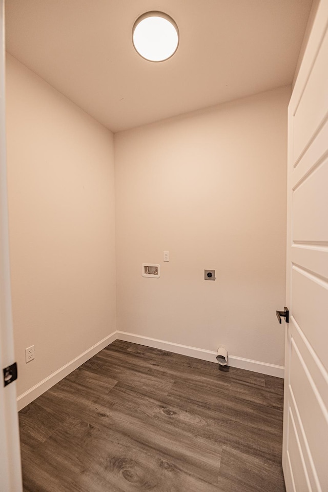 clothes washing area with laundry area, hookup for an electric dryer, baseboards, and dark wood-style flooring