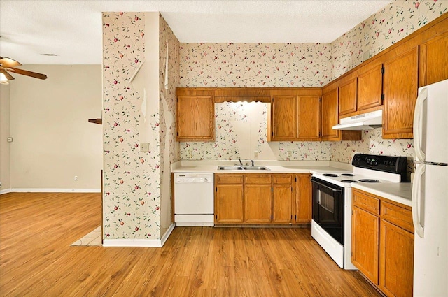1512 Twin Lakes Cir, Tallahassee, FL 32311 - kitchen with white appliances, under cabinet range hood, wallpapered walls, light wood-style flooring, and brown cabinets