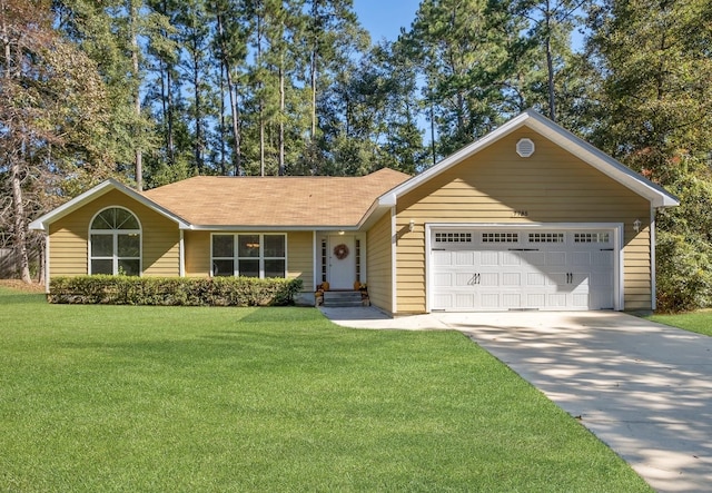 ranch-style house with concrete driveway, an attached garage, and a front lawn