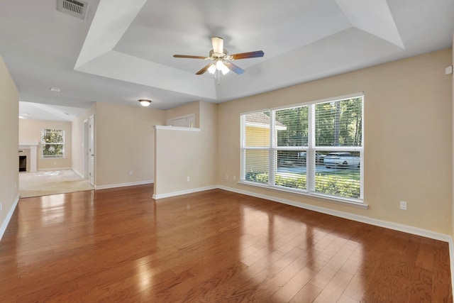 empty room with wood finished floors, a fireplace, a raised ceiling, and a healthy amount of sunlight