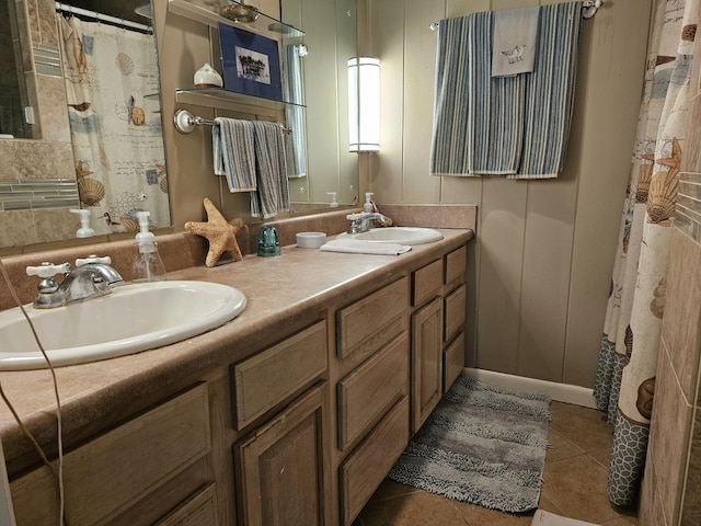 819 Abbiegail Dr, Tallahassee, FL 32303 - full bathroom with tile patterned floors, double vanity, and curtained shower