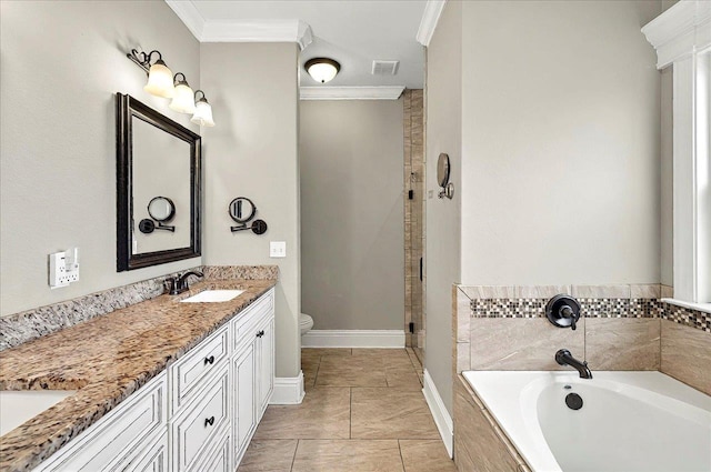 full bath featuring a sink, toilet, double vanity, visible vents, and ornamental molding