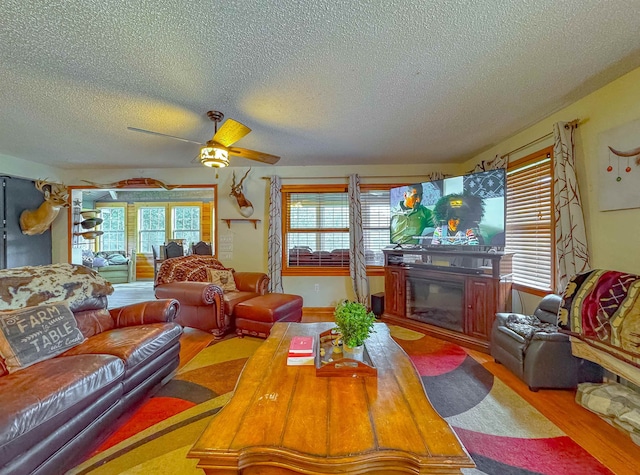 living room with a textured ceiling, plenty of natural light, hardwood / wood-style flooring, and ceiling fan