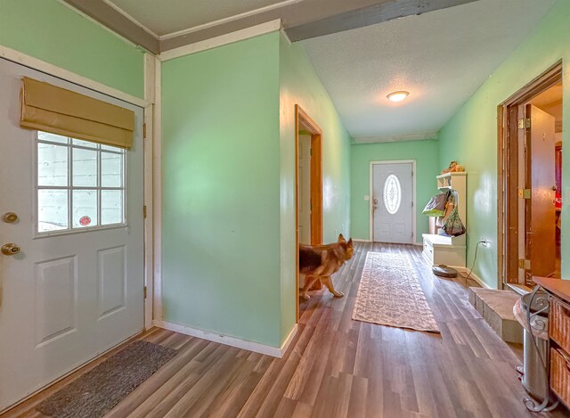 doorway featuring hardwood / wood-style floors and a textured ceiling