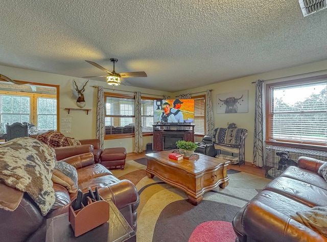 living room with a textured ceiling and ceiling fan