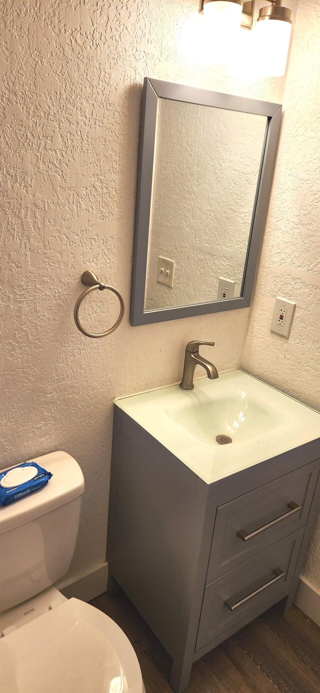 bathroom with vanity, hardwood / wood-style flooring, and toilet