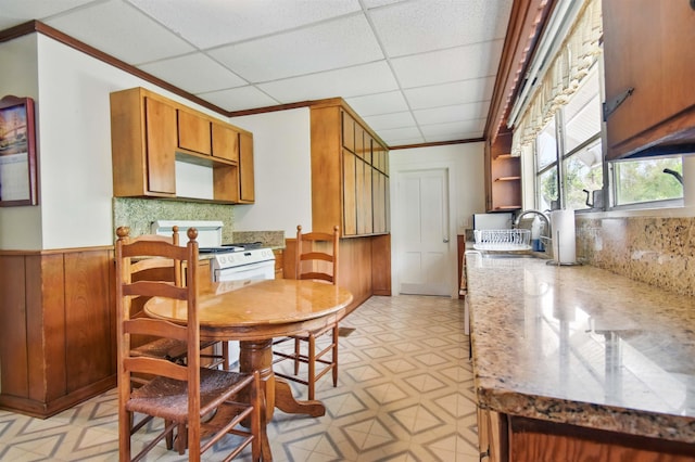 1118 W Green St, Perry, FL 32347 - kitchen featuring light flooring, white range with gas stovetop, a sink, ornamental molding, and tasteful backsplash