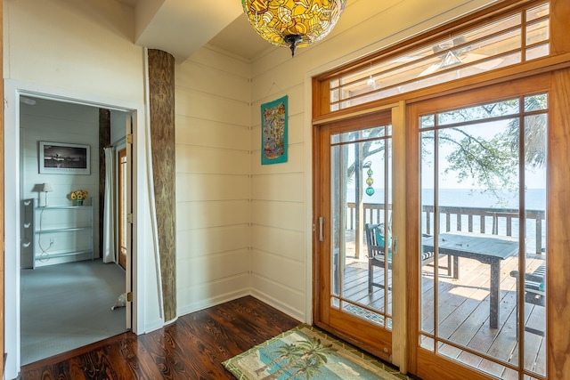 doorway to outside featuring a water view, wooden walls, and dark wood-type flooring