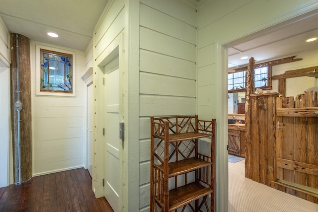 corridor featuring dark hardwood / wood-style flooring and wood walls