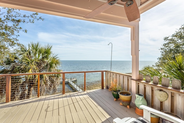 wooden terrace featuring a water view