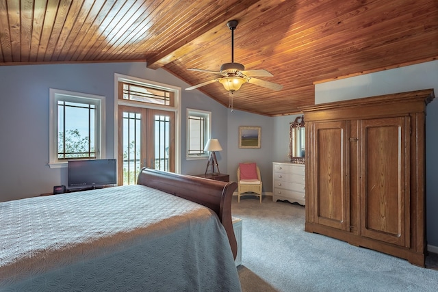 bedroom with lofted ceiling, ceiling fan, light carpet, wooden ceiling, and french doors