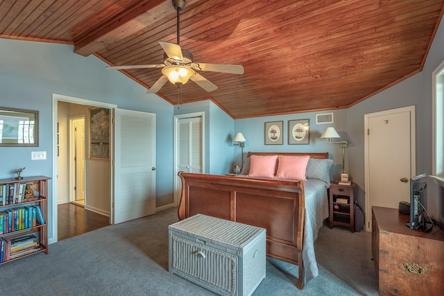 carpeted bedroom with wood ceiling, lofted ceiling with beams, and ceiling fan