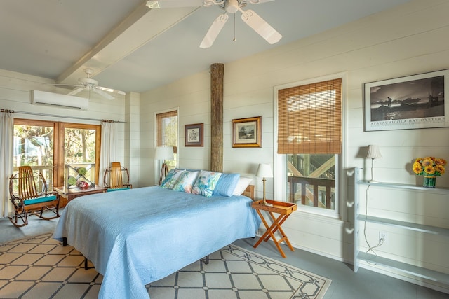 bedroom featuring ceiling fan, an AC wall unit, wooden walls, and beam ceiling