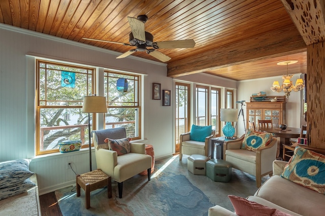 sitting room featuring ornamental molding, ceiling fan with notable chandelier, hardwood / wood-style floors, and wood ceiling